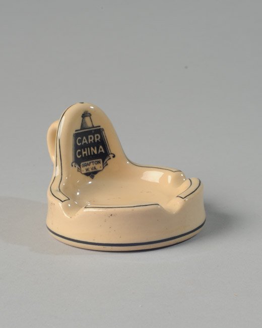 Carr China Advertising Ashtray: On base: "Glo-Tan Carr China". H: approx. 2 1/2". W: approx. 3 1/4". D: approx. 4 1/4".