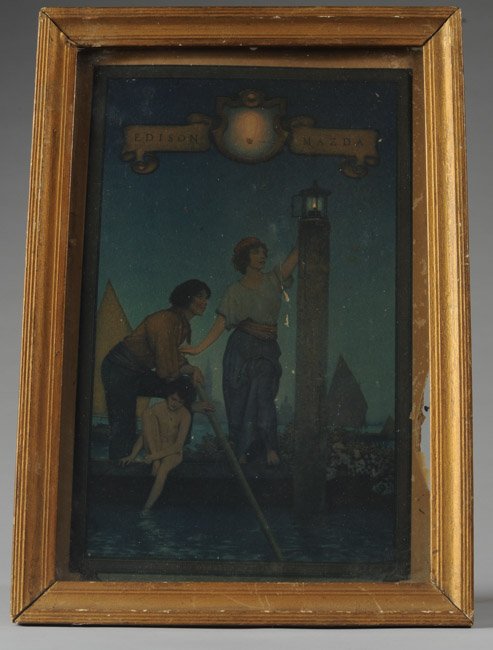 1924 Maxfield Parrish Edison Mazda Color Print: Original Edison Mazda Calendar Illustration, "The Venetian Lamplighter". Colors still rich. Some chipping to margins. As found in circa 1920s gold frame. 13 1/2" x 9 1/2" (with frame.)