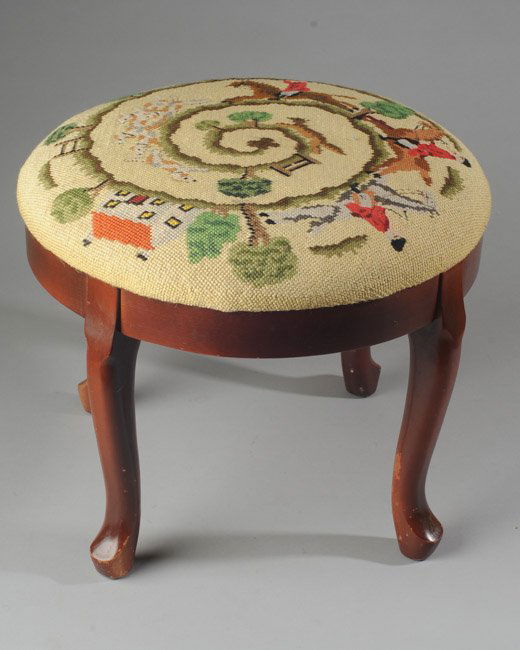 Queen Anne Style Needlepoint Foot Stool (1 of 3)