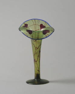 Art Glass Hearts & Vines Vase: Jack-in-the-Pulpit shape, similar in style to Durand, unmarked, polished pontil.H: approx. 11 1/4".