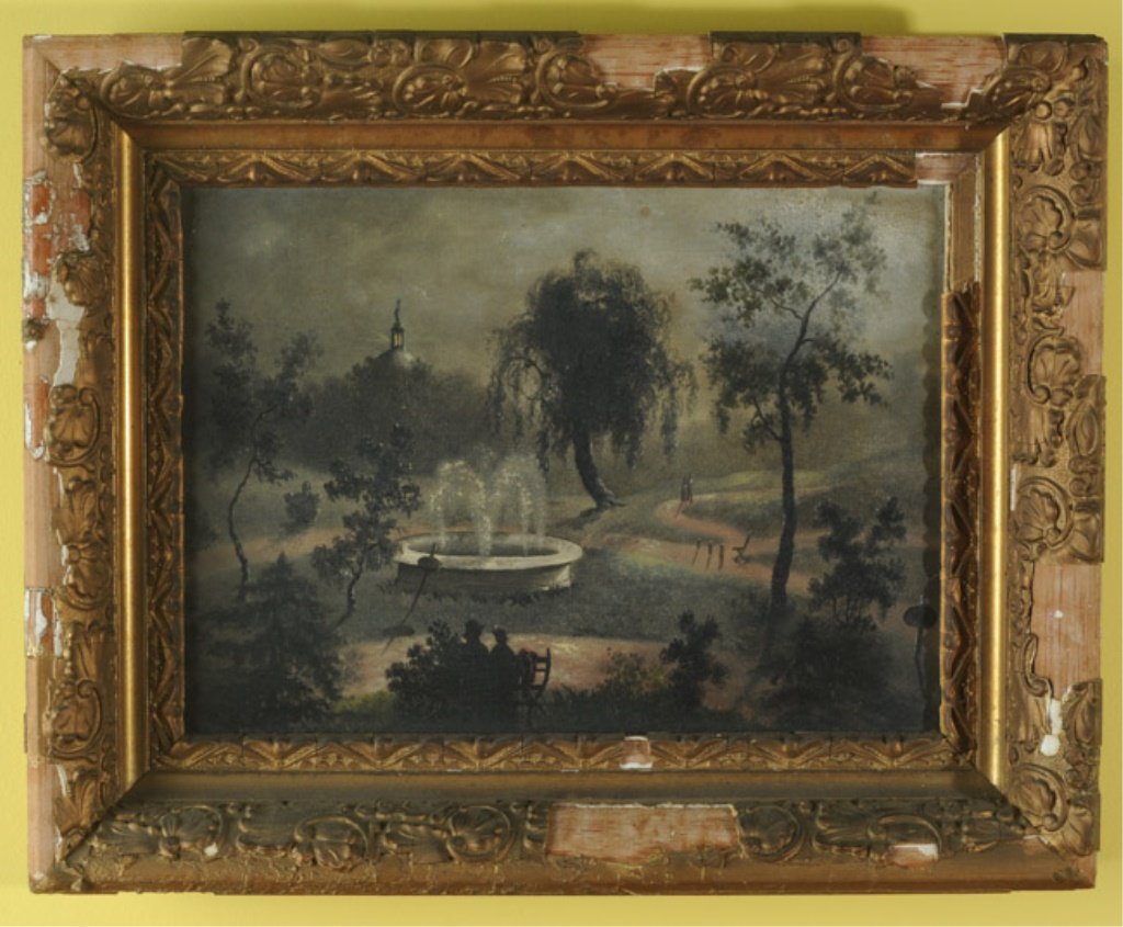 Antique Victorian Oil on Board Folk Painting: Gothic park scene at night, damage to frame. Visible image: approx. 8" x 11 1/4". Frame: approx. 12 1/2" x 15 1/2".