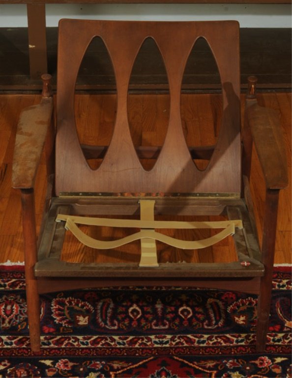 Selig Danish Arm Chair: Folding back, paper label, missing cushion.