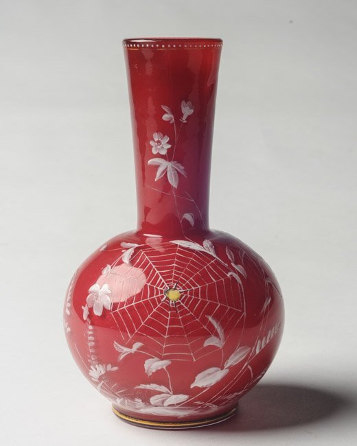 Thomas Webb Cased Glass Vase: Red ground with spider-web and floral motif, marked to base "3". H: approx. 6 3/4".
