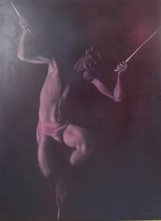 Robert R. Bliss Oil on Masonite Boy on Tightrope: Image of boy walking on tightrope and pulling ropes from the same series as a painting sold in 2007 at Swann Galleries which established the high auction record for this artist. Robert R. Bliss (1925-