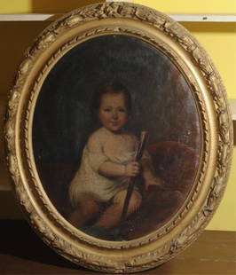 A.J. Miller 19th C. Oil on Canvas of Child: Child holding walking stick, possibly by Alfred Jacob Miller (1810-1874), a well known Maryland artist. Canvas signed lower left A.J. Miller and dated 1851, canvas material stamped BALTIMORE, family h