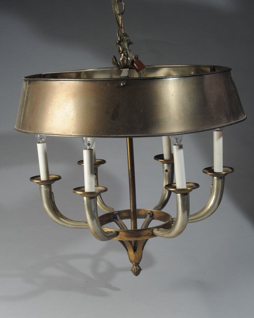 Hanging Light Fixture: Six bulbs with metal shade. H: approx. 25".