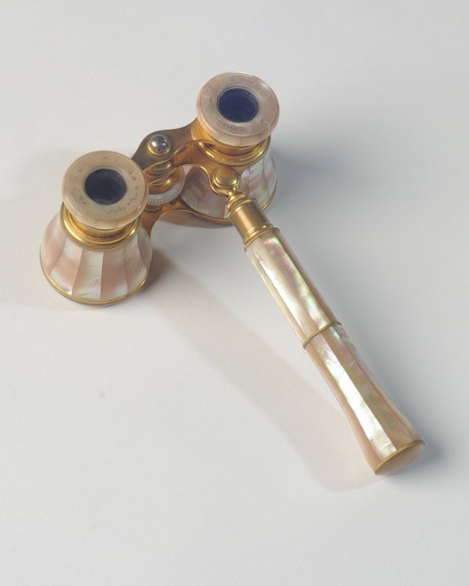 Pair French Brass & Mother of Pearl Opera Glasses: Made by Lemarie, Paris, made for Kendrick's Sons, Louisville KY. L: approx. 6".