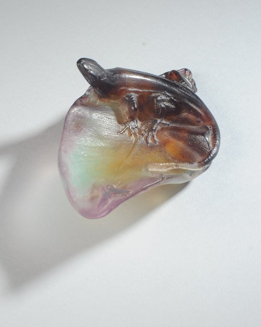 Daum France Art Glass Chameleon or Lizard: Relief of chameleon and insect, marked "Daum France". H: approx. 2 3/4". W: approx. 5". D: approx. 3".