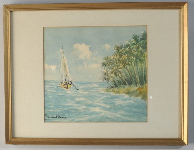 Harry H. Shaw (1897-1989) Watercolor: Sail boat and island, signed lower left, biographical info on verso. Image: approx. 9" x 10 1/2". Frame: approx. 13 1/2" x 17 1/4".