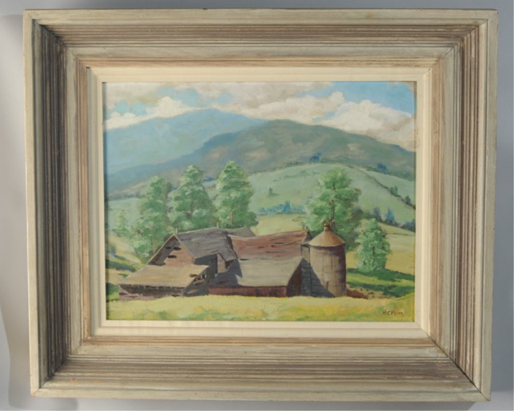 Harold J. Meyer Oil on Board "Abandoned": Scene of abandoned barn in landscape, signed lower right and titled and signed on verso. Image: approx. 14" x 18". Frame: approx. 22" x 25 3/4".