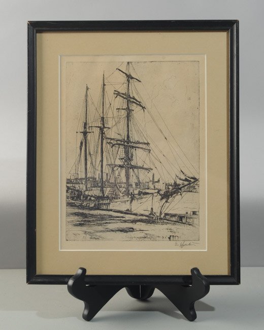 Earl Horter (1881-1940) Etching of Harbor Scene: Horter was active and lived in Pennsylvania and California and is known for his paintings and etchings. Pencil signed lower right. Image: approx. 10 1/2" x 8". Frame: approx. 14 1/4" x 11 1/2".