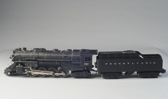 Lionel Postwar 736 Berkshire Engine & 2671W Tender: Berkshire Type 2-8-4 Locomotive No. 736, early issue (circa 1950-1952) with three window cab, O gauge, together with 2671W Coal Tender. Both untested but owned by a train collector and in excellent co