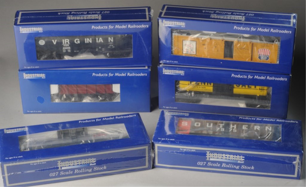 Lot of 6 Industrial Rail Cars O27 Scale NIB: Lot of six factory-sealed "blue box" Industrial Rail cars, new in box, to include: Union Pacific Boxcar IDM 1102, Southern Hopper w/Load IDM 4008, Allied Chemical Tank Car IDM 6005, Penn Salt Tank Car