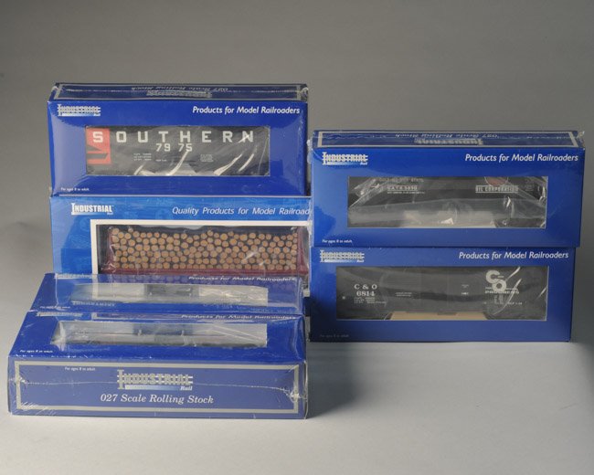 Lot of 6 Factory Sealed Industrial Rail Train Cars: All O27 scale, to include IDM 1101 C & O double door box car, two IDM 6005 Allied Chemical tank cars, IDM 6011 Gulf Gasoline tank car, IDM 7005 Pulp Wood Load flatcar with bulkhead, and IDM 4008 South