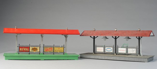 Two Vintage Lionel Station Platforms: Includes #156 ("Rival Dog Food", "Sunoco Dynafuel", "Baby Ruth", "Remington Typewriters"), and #2256 ("Coca-Cola", "Chrysler", "Lionel", "Vacation by Train").