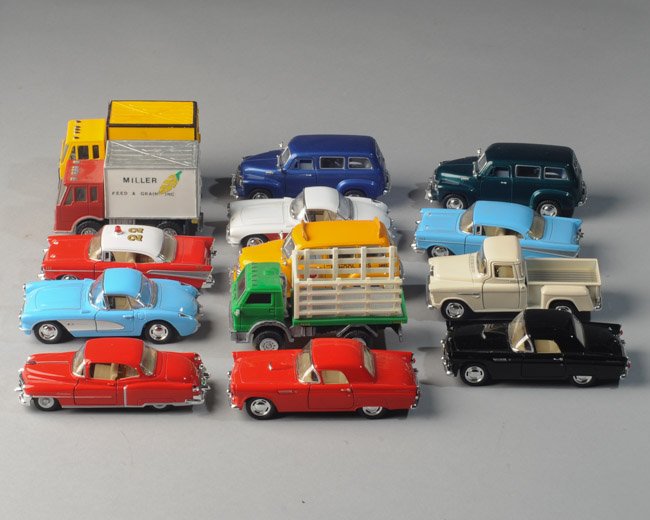 Box Lot of Toy Cars and Trucks: To include Tonka, Kinsmart, Remco, 14 pieces total.