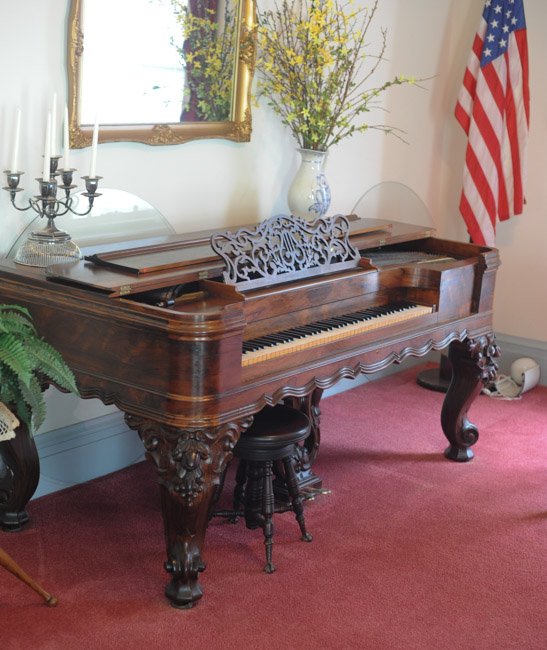 19th C. Brazilian Rosewood Piano: With stool. Height: approx. 37 1/4". Depth: approx. 40". Width: approx. 81". Stool height: approx. 19 1/2".