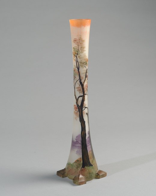 Daum Leune Art Glass Bud Vase: Trees in landscape, signed, small chip to one foot. H: approx. 13 1/2".