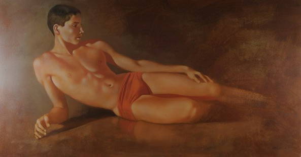 Robert Bliss (1925 - 1981) Oil on Canvas: "Reclining Youth", unframed. Robert R. Bliss was an active painter of figures and landscapes in Massachusetts. Signed and dated (19)64 lower right.Approx. 33 1/2" x 63".