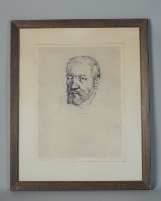 Thomas Cornell Etching "Michelangelo": Artist's proof, signed lower right, titled lower left, A.P. 64 lower center, label from London Graphica Arts to reverse. Image: approx. 21" x 15 1/2". Frame: approx. 30" x 24 1/2".