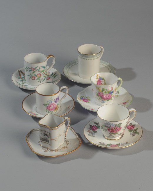 Six Demitasse Cups and Saucers: One Shelley, one Wedgwood, one Japanese, one Royal Doulton, one Richard Ginori, one Hutschenreuther.
