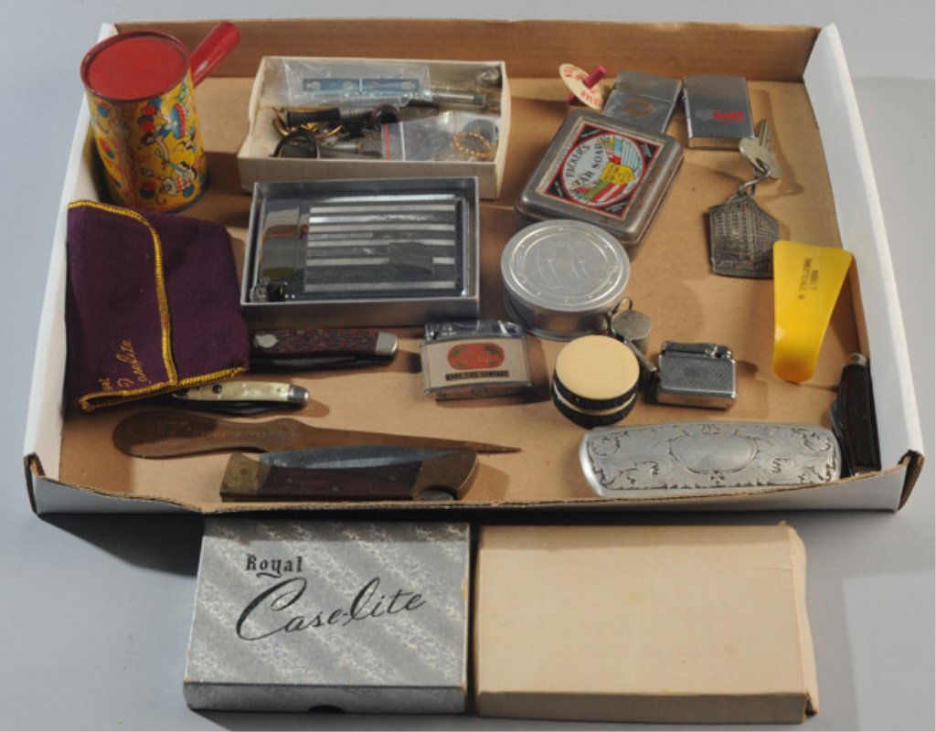 Mixed Lot: To include a child's tin rattle, pocket knives, aluminum travel cup, granny glasses in aluminum case, advertising tin, lighter, etc.