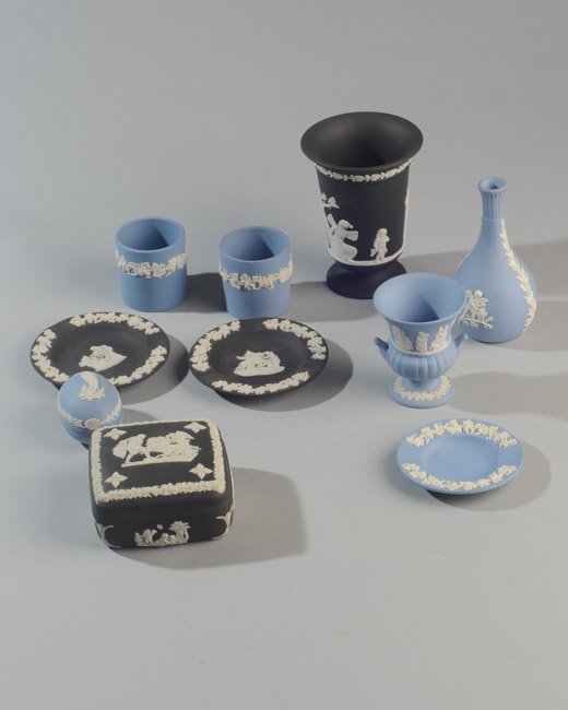 Large Lot Wedgwood Jasperware: To include vases, ashtrays, lidded jar, etc. Tallest H: approx. 5 1/4".