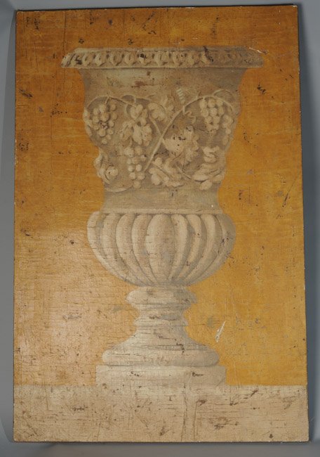 Decorative Oil on Burlap of Continental Urn: Marked to back Jacques Lamy, Dallas. Approx. 48" x 32".