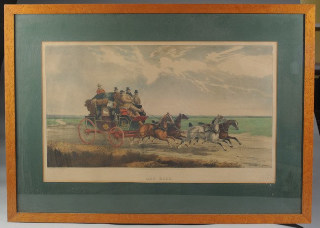 C. C. Henderson Print "Got Hole": From an original painting by C. C. Henderson, print published in London by R. Ackermann. In Tiger Maple frame. Image: approx. 15" x 24 1/2". Frame: approx. 23" x 32 1/2".