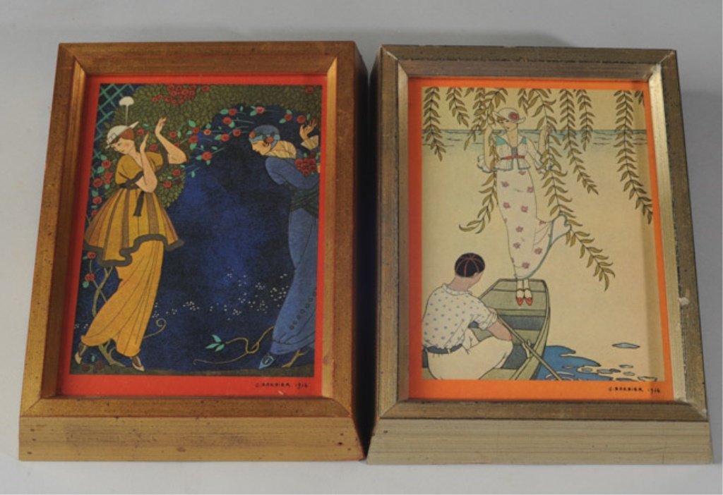 Pair of Georges Barbier (1882-1932) Fashion Prints: Barbier was one of the great French Illustrators of the early 20th century. Both signed in the stone and dated 1914 lower right, identically framed. Image: approx. 8" x 5 1/2". Frame: approx. 9 1/2" x