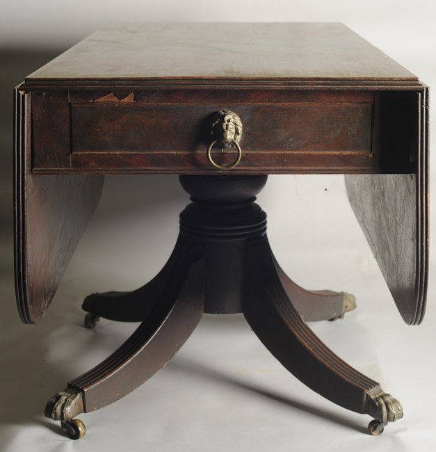 19th C Duncan Phyfe Style Dropleaf Breakfast Table: Mahogany, single drawer on one side with faux drawer on the other, four splay legs ending in brass claw feet on casters. From the Fife family home, Oak Lawn, Charlottesville, VA. H: approx. 28 1/2". W