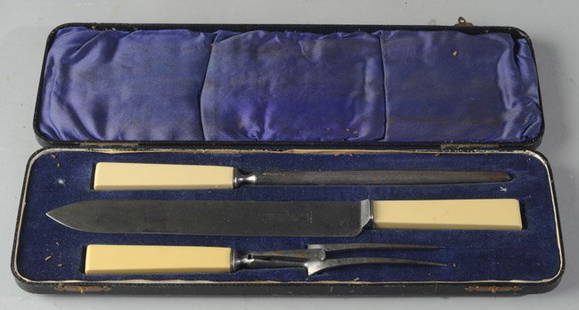 Sheffield Bone Handle Carving Set: Knife, fork, sharpener in presentation box by Timothy White Co.Knife L: approx. 13 1/2".