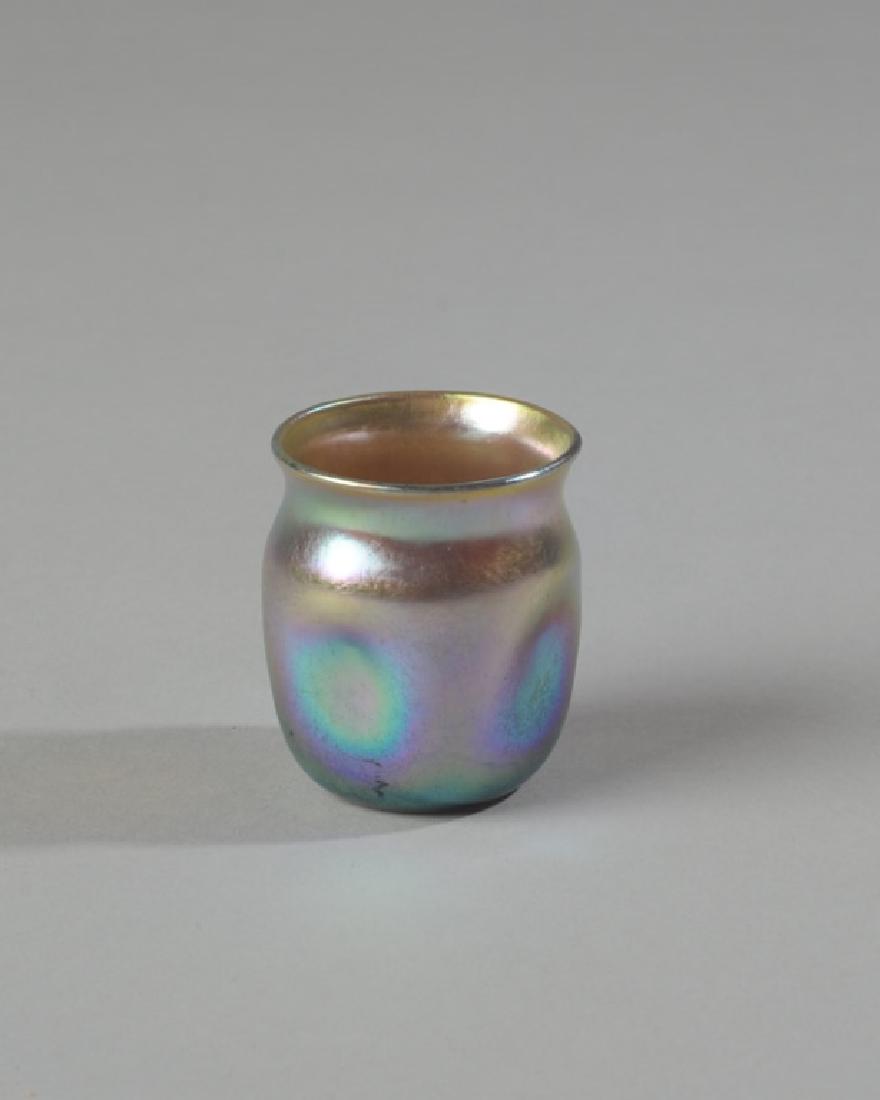 Tiffany Glass Toothpick Holder: Iridescent glass, signed "L.C.T. Q9097". H: approx. 1 3/4". A1500