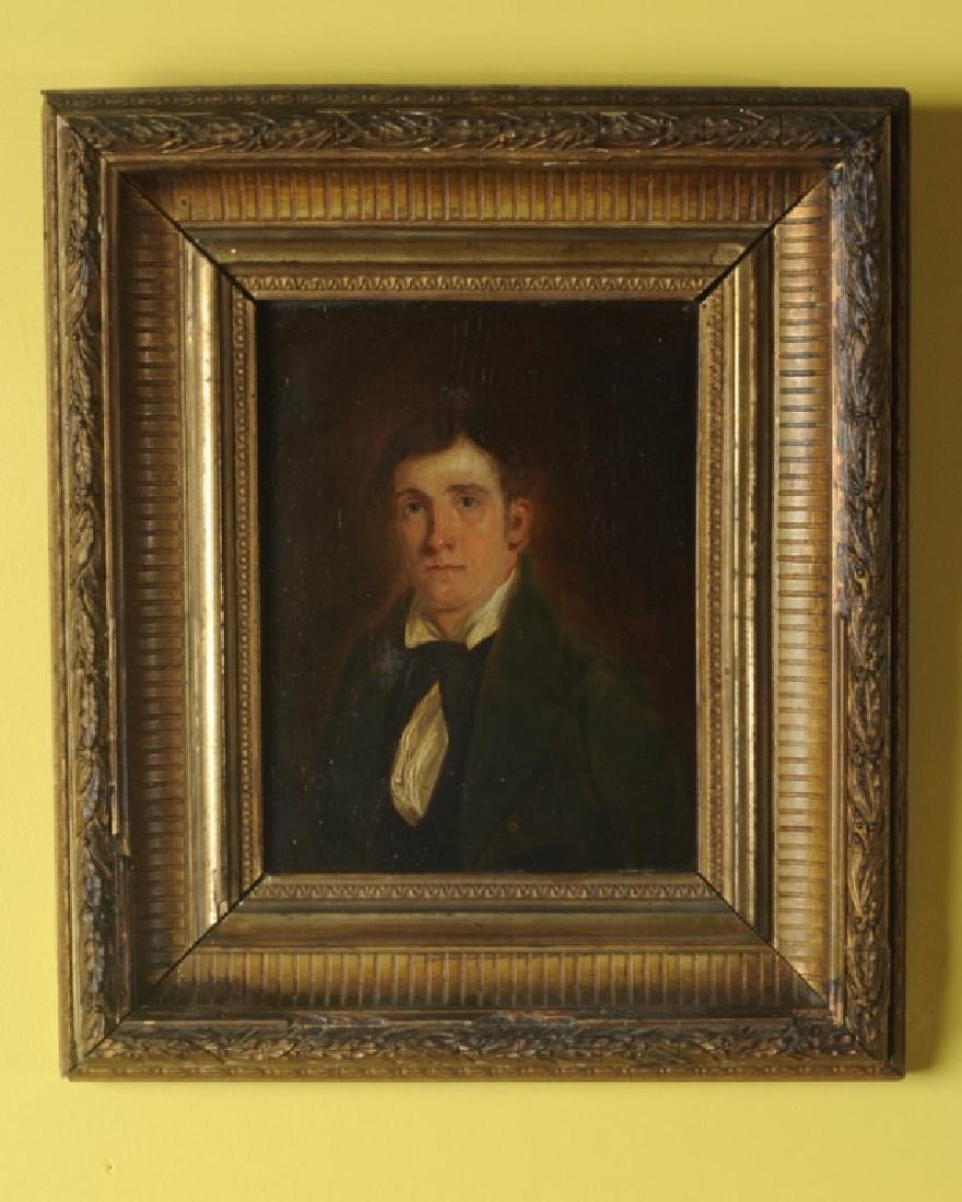 19th C. Oil on Panel "Young Gentleman": Painted in the style of Thomas Sully, unsigned, elaborate gilt frame. Image; approx. 7 3/4" x 6". Frame: approx. 12 1/2" x 10 3/4". A1412