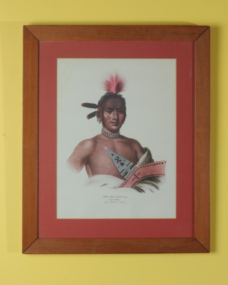 Copy of a Mckinney & Hall Native American Print: "MOA-NA-HON-GA Great Walker, an Ioway chief" Image: approx. 15 1/2" x 11 3/4". Frame: approx. 22 1/2" x 13 1/2". A0568