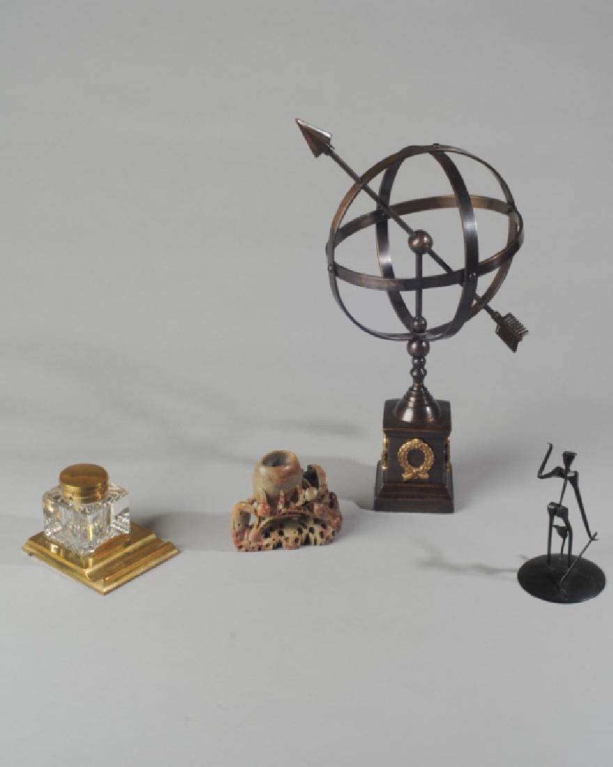 Mixed Lot: To include soapstone carving, an abstract metal golfer, brass and glass inkwell, and a metal sculpture. Tallest: approx. 15 1/2". A0320