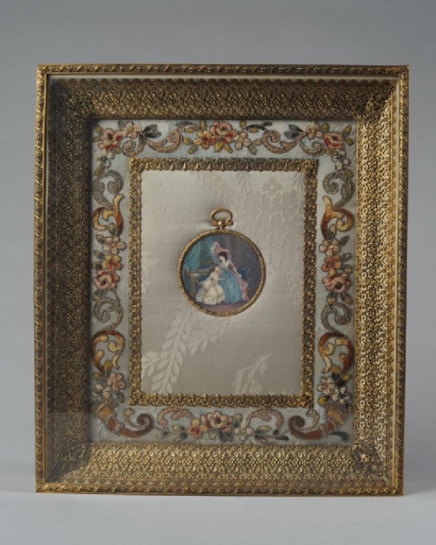 19th C. Portrait Miniature of Fashionable Ladies: Possibly signed Sir Thomas Lawrence in incredibly elaborate shadowbox frame, not examined outside of frame. Image Dia: approx. 2 1/2". Frame: approx. 13 1/2" x 11 3/4". A0092