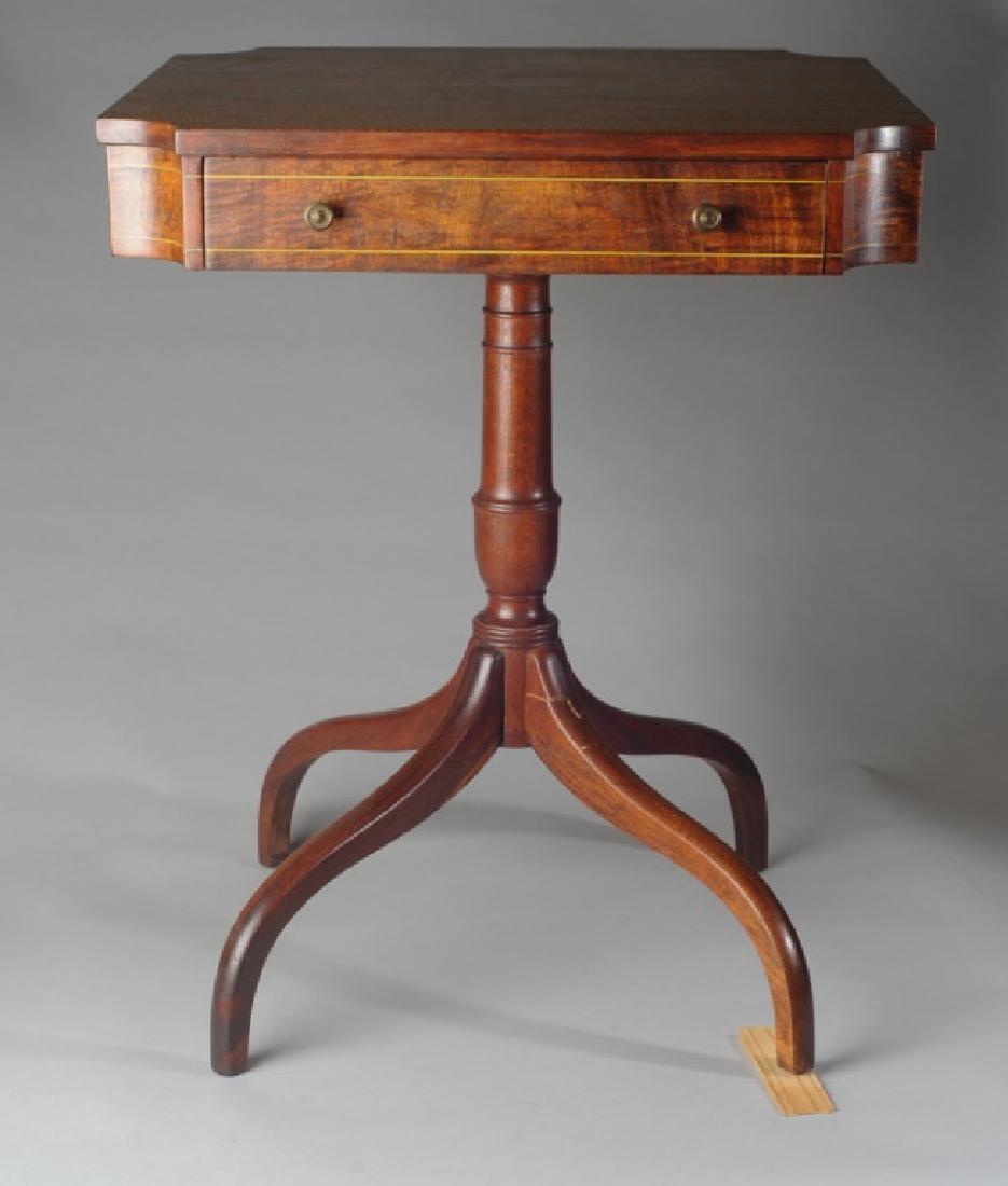 Single Drawer Occasional Table: Shaped top, four splay legs, string inlay, legs need adjustments. H: approx. 27 1/2". W: approx. 21 1/2". D: approx. 21 1/2".