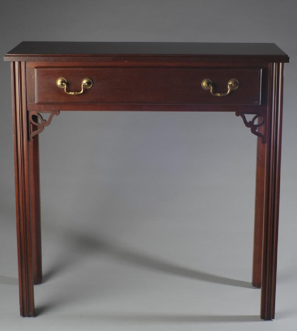 Ethan Allen Mahogany Side Table: Single drawer with carved support elements. H: approx. 28". W: approx. 28". D: approx. 11".