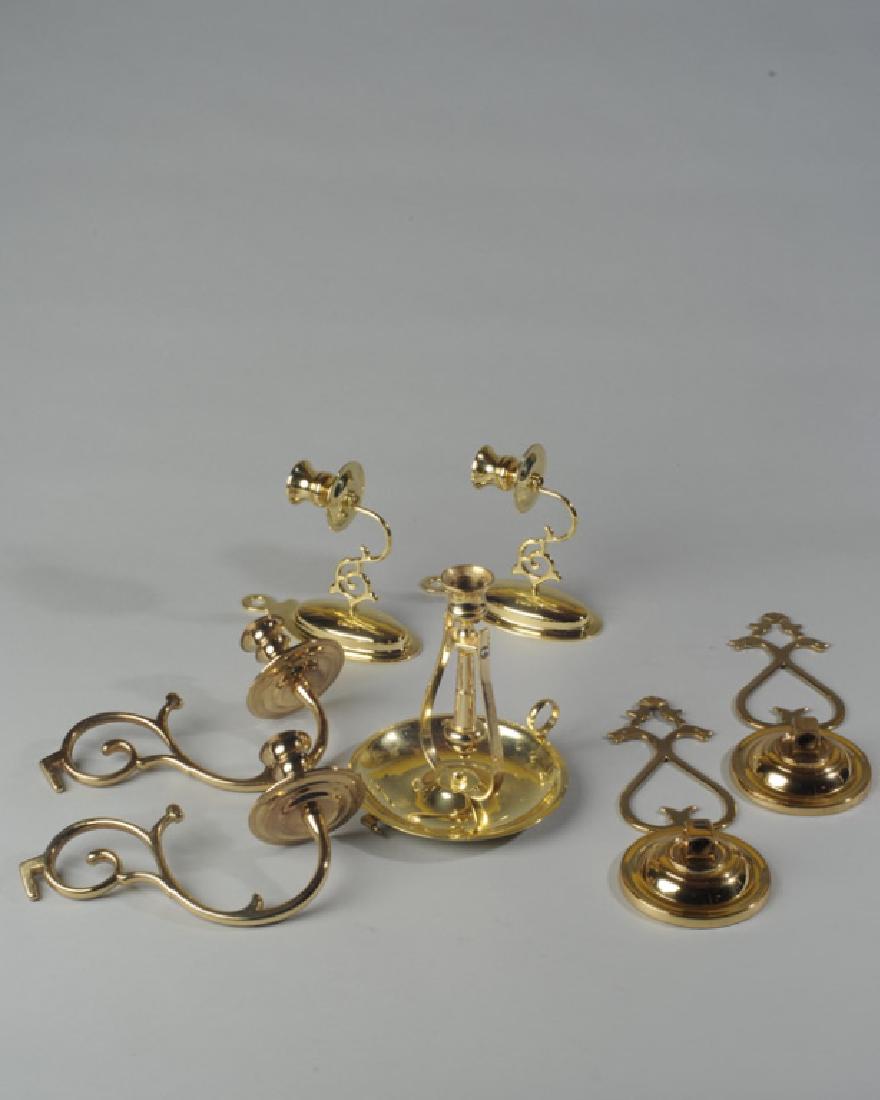 Lot of Brass Sconces and Chamberstick: Two pairs of brass wall sconces and a single chamberstick. Tallest: approx. 10 1/2".