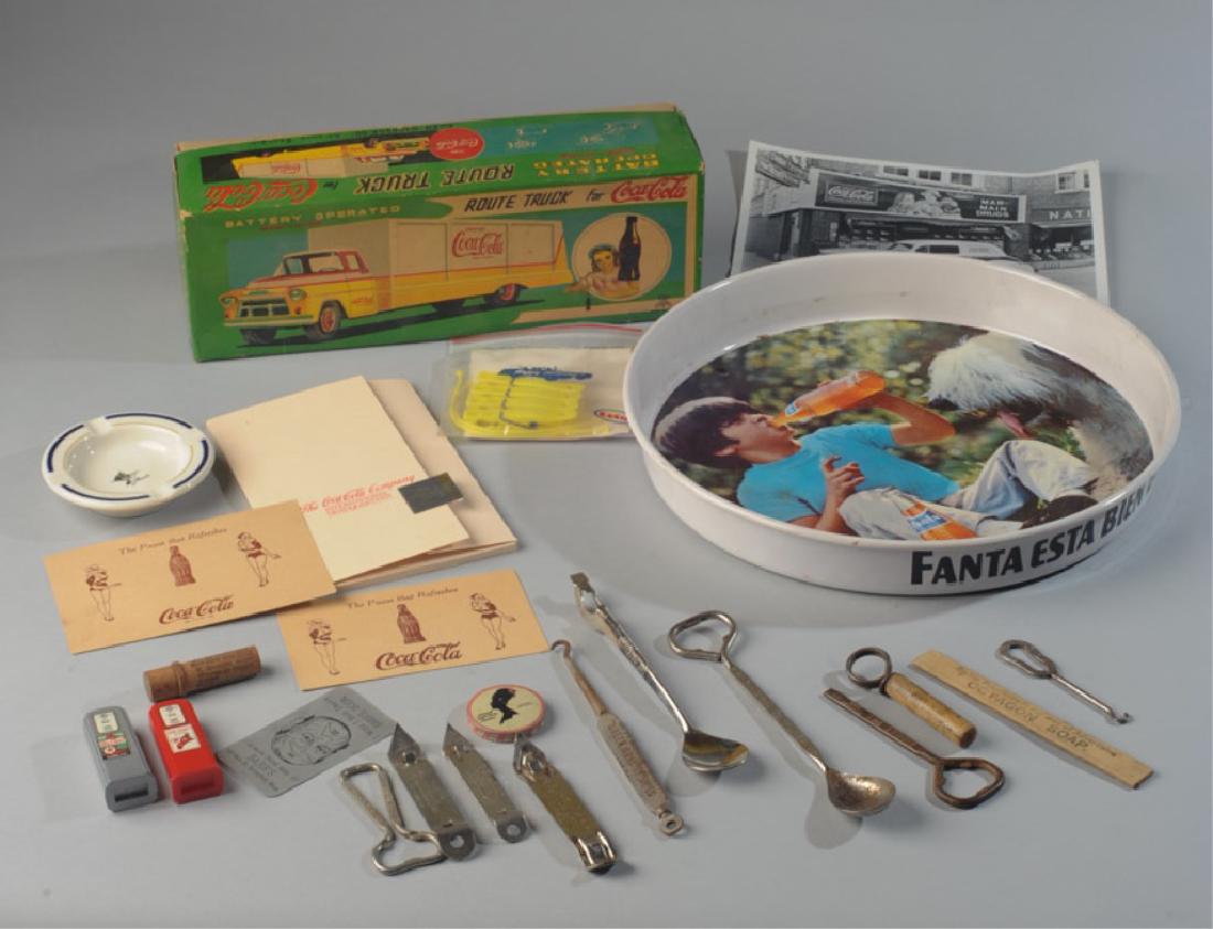 Advertising Collectible Lot: Including Chessie C&O RR ashtray, Texaco salt & pepper, Barr's Soda menu, ESSO clothes pins, Coke items (including empty toy truck box), etc.