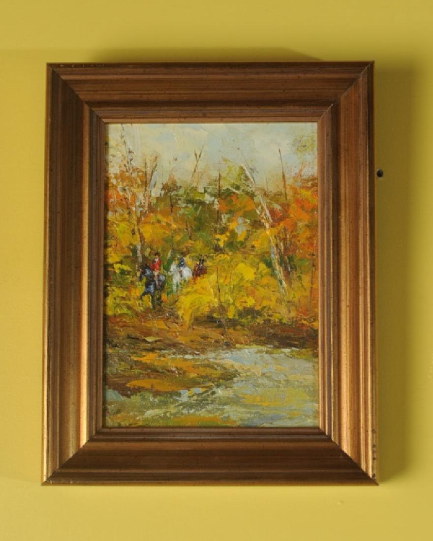 Jo Hodos Oil on Board "Sunday Stroll": Jo Hodos is a 20th / 21st C. American artist known for equine art, titled and signed on verso. Image: approx. 6 1/2" x 4 3/4". Frame: approx. 9" x 7".