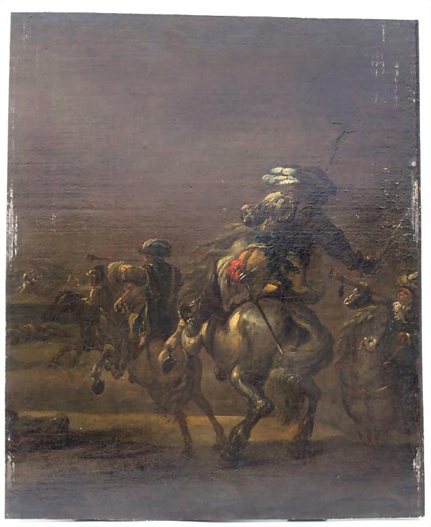 Adam Frans van der Meulen (1632-1690) (Zuschreibung /: Adam Frans van der Meulen (1632-1690) (Zuschreibung / Attributed), 'Schlachtenszene zu Pferd' / 'A cavalry battle scene' Technik: Öl auf Leinwand, auf Holz aufgezogen, Signatur: unsigniert, verso han