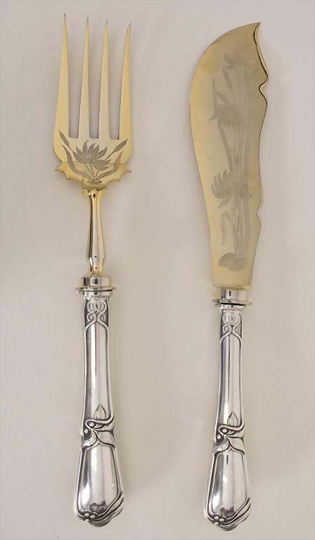 Jugendstil Vorlegebesteck / Art Nouveau silver: Jugendstil Vorlegebesteck / Art Nouveau silver presenting cutlery, deutsch, um 1900 Material: Silber 800, Metall vergoldet, Punzierung: 800, Halbmond, Krone und Herstellermarke, Länge: 25 u. 27 cm, Z