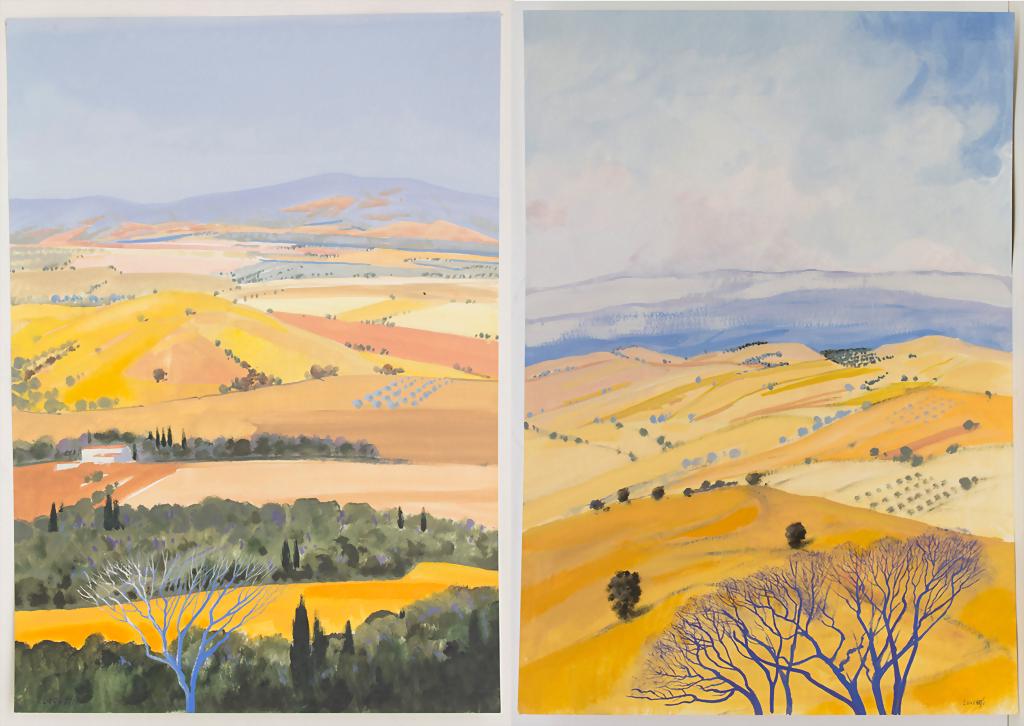 Mario Lucchesi (*1919), 2 Landschaftsbilder / A set of: Mario Lucchesi (*1919), 2 Landschaftsbilder / A set of 2 landscapes Technik: Gouache auf Papier, 1x auf Pappe fixiert, Signatur: beide signiert, Maße: 54,5 x 32 cm und 45,5 x 32 cm (Blattmaße), 64,5