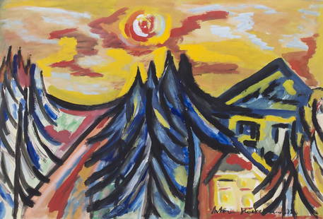 Antonius Höckelmann (1937-2000), 'Tannen und Häuser im: Antonius Höckelmann (1937-2000), 'Tannen und Häuser im Abendlicht' / 'Fir trees and houses at sunset' Technik: Gouache auf Papier, hinter Passepartout (mit Klebestreifen fixiert), Datierung: 1999, S