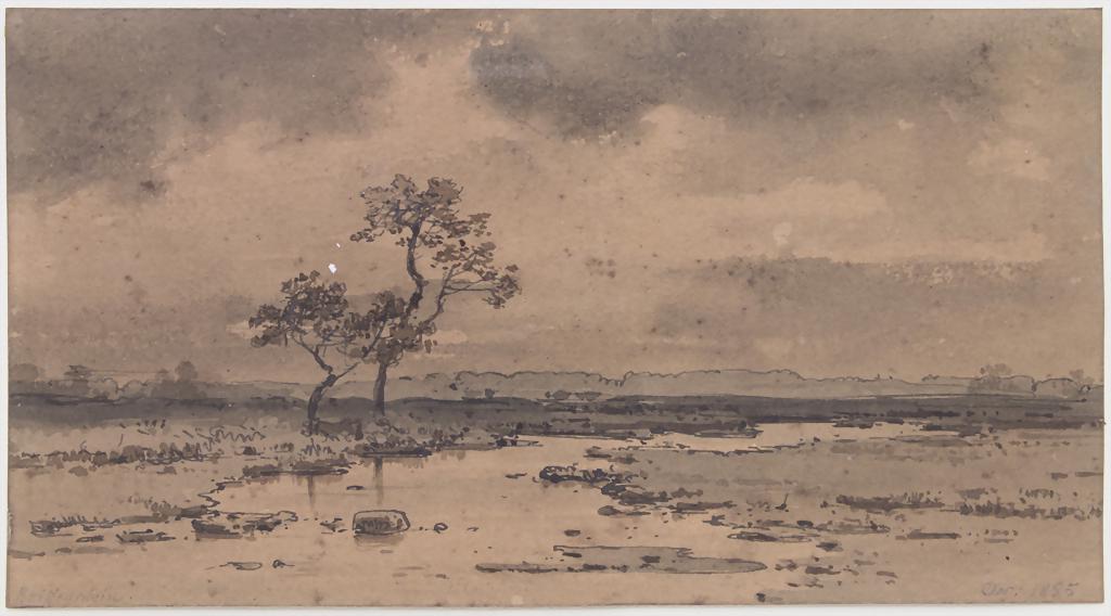 Karl Theodor Reiffenstein (1820-1893), 'Flusslandschaft: Karl Theodor Reiffenstein (1820-1893), 'Flusslandschaft vor dem Gewitter' / 'A riverscape before the storm' Technik: Aquarell auf Papier, auf Papier fixiert, gerahmt, hinter Glas, Signatur: unten link