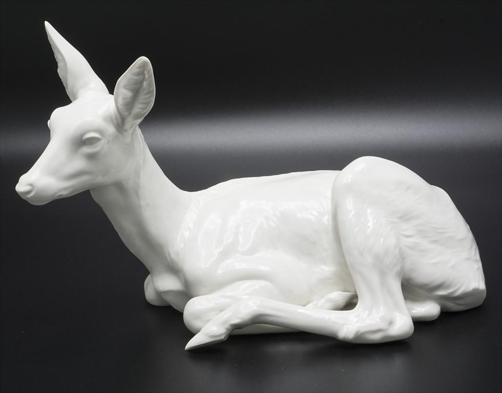 Liegende Hirschkuh / A reclining hind, August Göhring,: Liegende Hirschkuh / A reclining hind, August Göhring, Nymphenburg, 20. Jh. Material: Porzellan, weiß, glasiert, Marke: grüne Firmenmarke, Modell-Nr.: 850, Signatur: geprägt A. Göhring, Entwurf: 