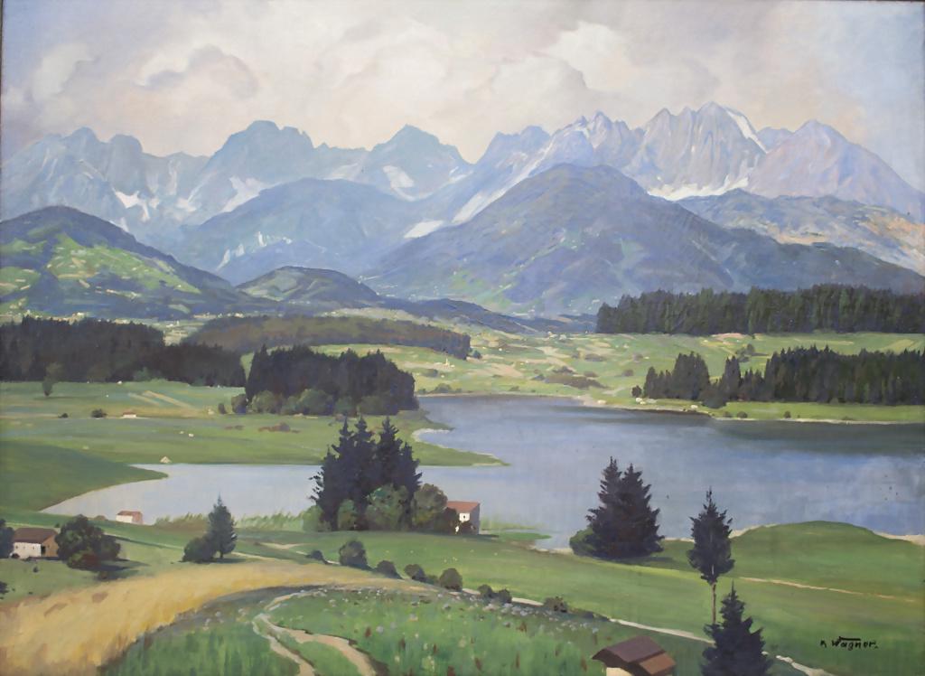 Karl Wagner (1796-1867), 'Alpenlandschaft mit Bergsee': Karl Wagner (1796-1867), 'Alpenlandschaft mit Bergsee' / 'An alpine landscape with a lake' Technik: Öl auf Leinwand, gerahmt, Signatur: unten rechts signiert, Maße: 70 x 95 cm, Zustand: gut, partiel