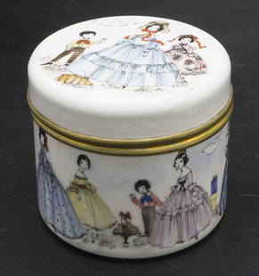 Deckeldose / A lidded copper box, wohl Hilda Jesser: Deckeldose / A lidded copper box, wohl Hilda Jesser oder Eva Scherer, Wien Material: Kupfer, Außenwandung und Deckeloberseite mit sehr feiner Handmalerei in Form von eleganten Damen und Kinder, Marke